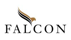 A stylized falcon logo with black and gold feathers.