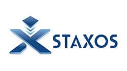 Blue and white logo with geometric shapes and the text 'STAXO'.