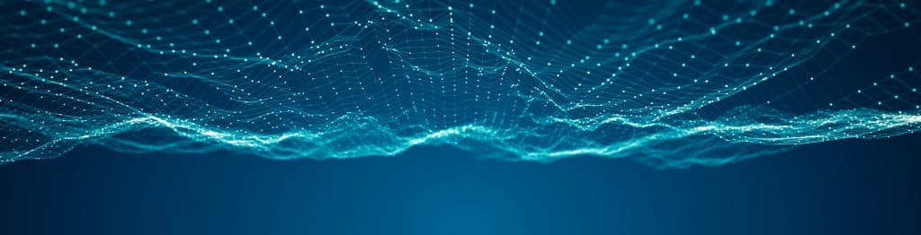 Abstract digital wave with glowing blue nodes on a dark background.